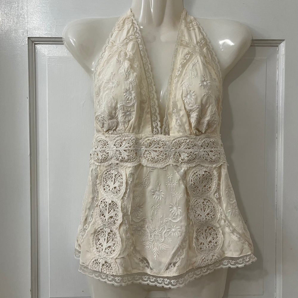 VTG Y2K Embroidered Silk Lace Bebe Halter Top XS Romantic Fairy Victorian NWT